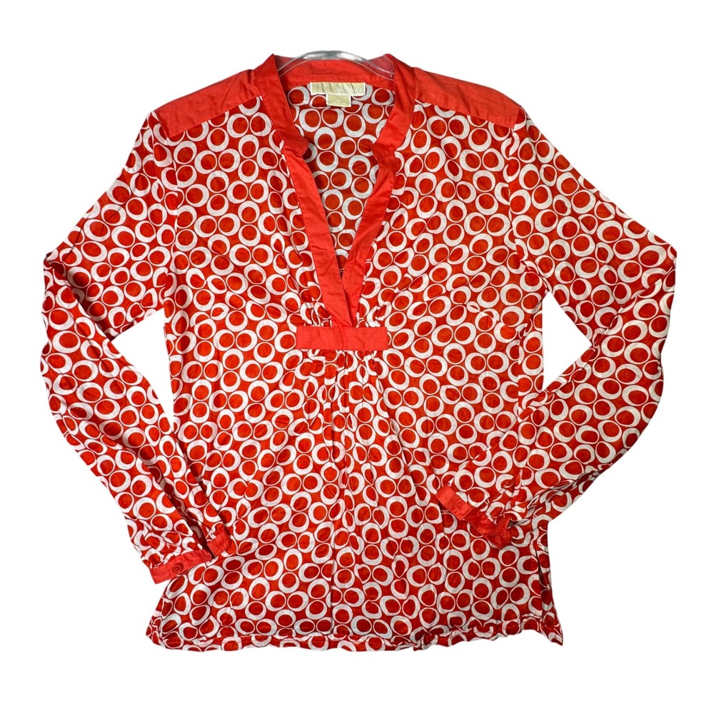 Michael Michael Kors Geometric Circle V-Neck Blouse Retro Mod Size S Red Boho